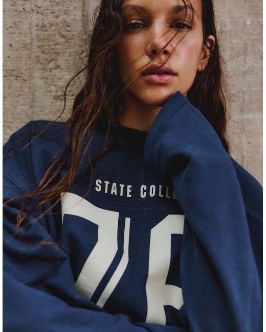 Bershka Blue Printed Round Neck Sweatshirt
