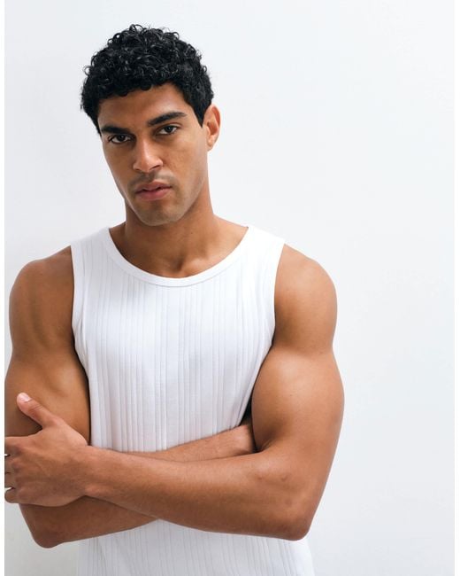 SELECTED White Ribbed Vest Top for men