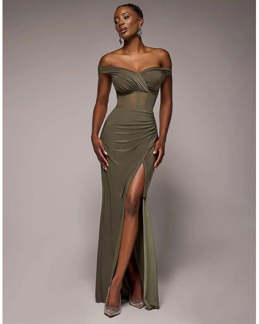 Goddiva Brown Off The Shoulder Corset Waist Mesh Wrap Skirt Soft Touch Maxi Dress