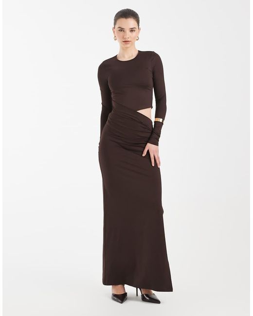 4th & Reckless White Slinky Long Sleeve Asymmetric Cut Out Detail Side Split Maxi Dress