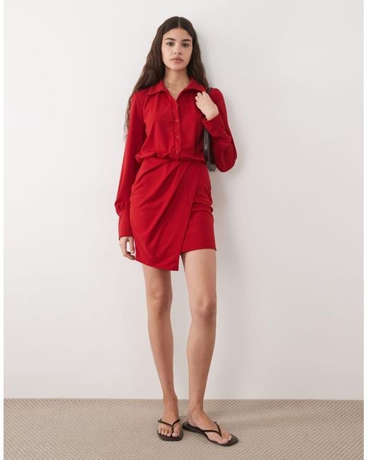 ASOS Red Long Sleeve Shirt Detail With Wrap Skirt Mini Dress