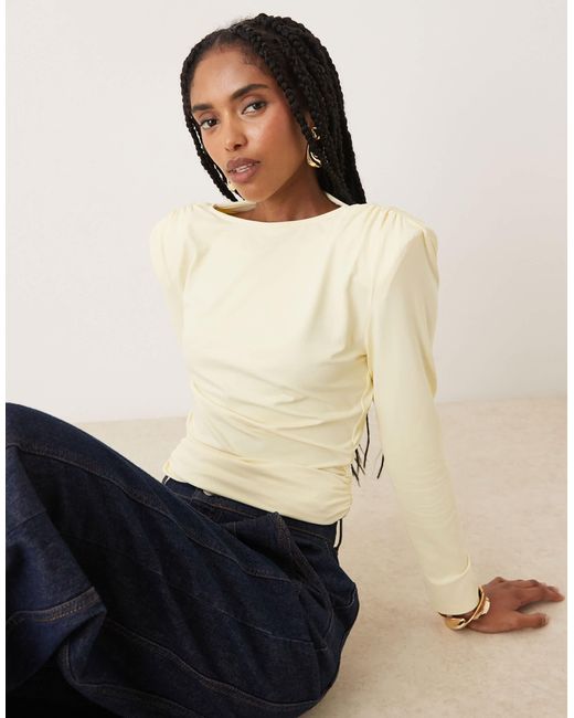 ASOS Natural Cupro Cinched Shoulder Pad Top With Long Sleeve Detail