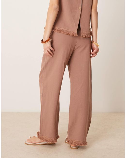 ASOS Natural Linen Blend Straight Leg Trousers With Tassel Hem Co-ord