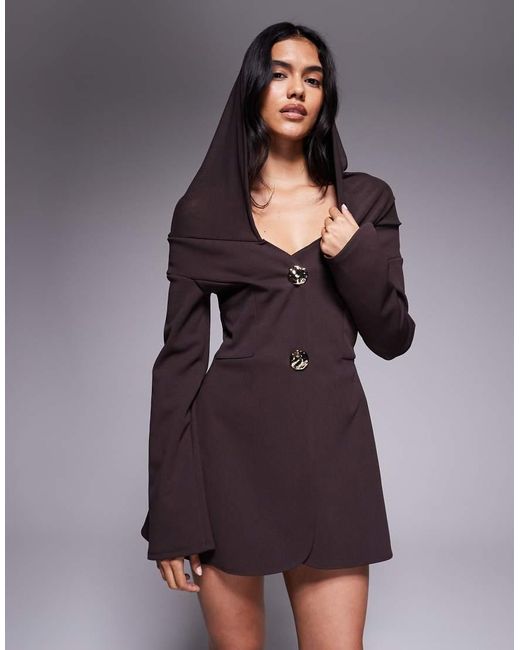 ASOS Purple Double Hem Detail Mini Dress With Chunky Gold Button Front And Mesh Shoulder And Hood Cowl