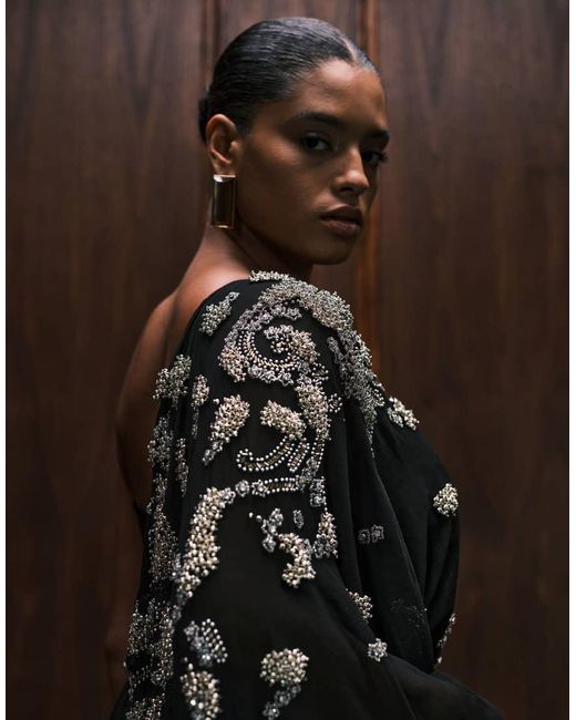 ASOS Black Asos Design Curve Draped Batwing Sleeve Embellished Maxi Dress With Lace