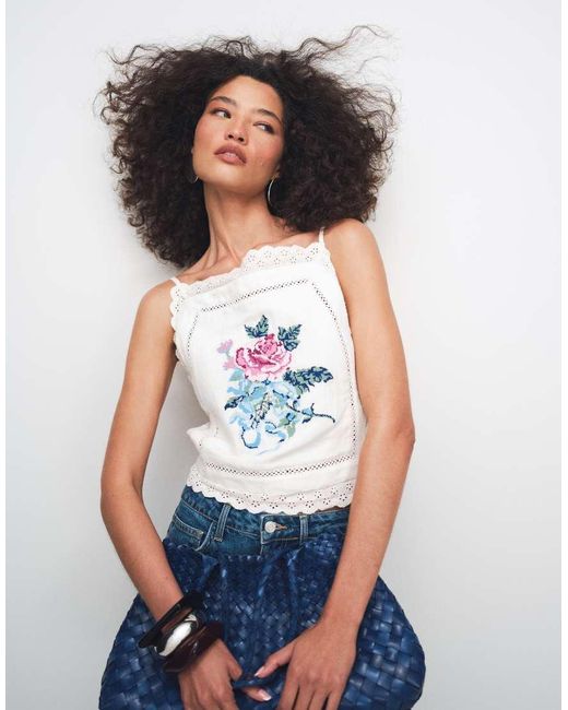 Muse Assembly Blue Etta Embroidered Lace Trim Top Co-Ord