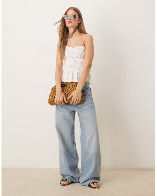 ASOS White Shirred Bandeau Top With Broderie Trim