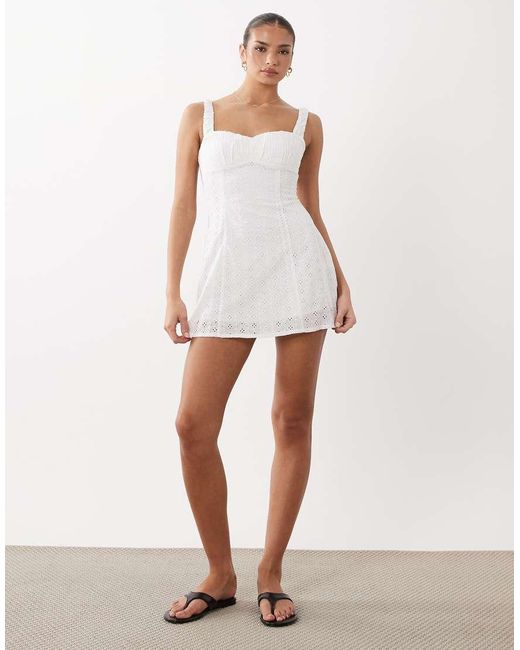 Lioness White Olsen Cotton Broderie Ruched Cup Detail Mini Dress