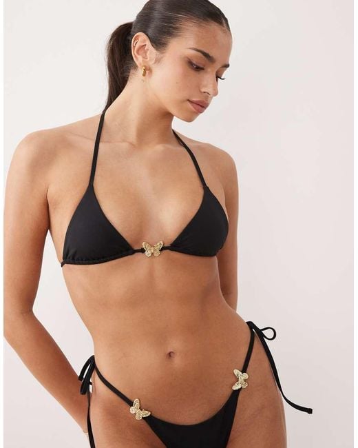 Oh Polly Black Butterfly Detail Tie Side Triangle Bikini Top Co-Ord