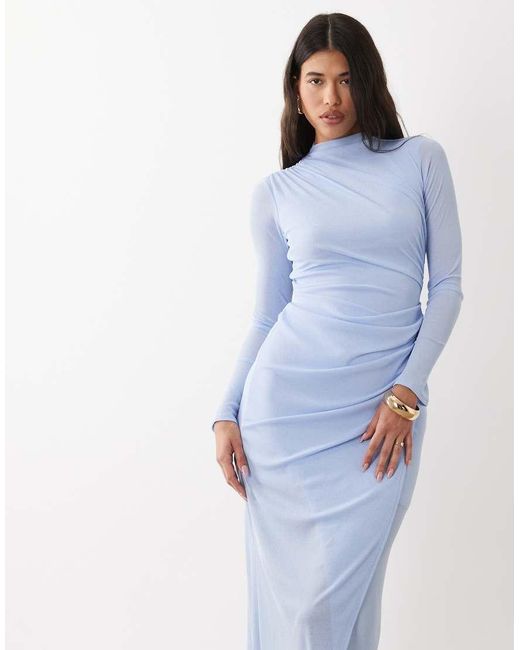 ASOS Blue Ruched Mesh High Neck Long Sleeve Midi Dress