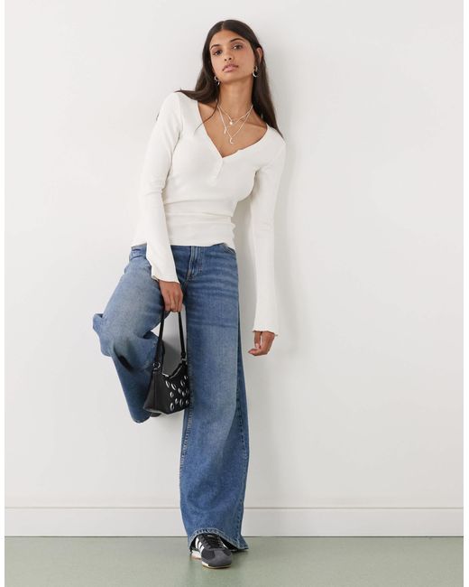 Monki White Long Sleeve Henley Button Top With Flared Sleeves
