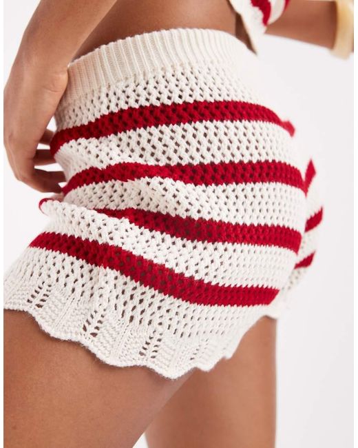 Miss Selfridge Red Knitted Stripe Crochet Booty Shorts Co Ord