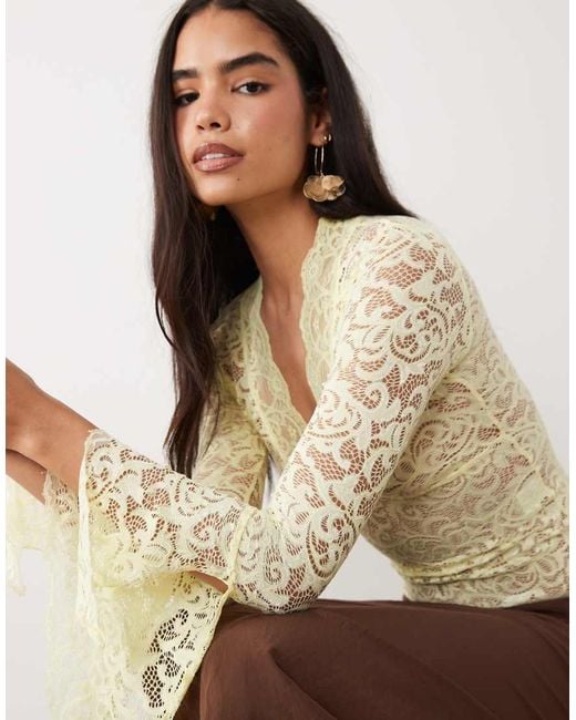 I.AM.GIA Natural Gemma Semi Sheer Plunge Neck Long Fluted Sleeve Lace Top