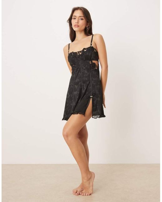 For Love & Lemons Black Blissful Blooms Embroidered Chiffon Slip Dress