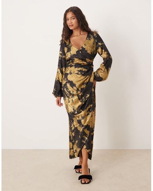 Lovedrobe Natural Long Sleeve Faux Wrap Gathered Midaxi Dress