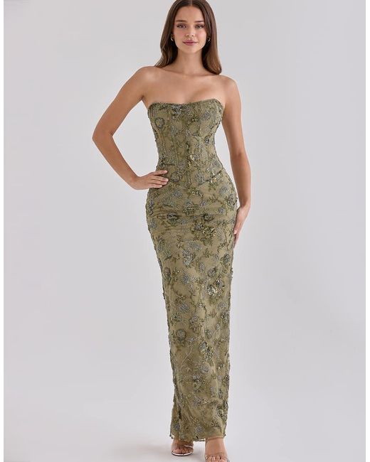 House Of Cb Green Anisa Hand Beaded Embellished Strapless Maxi Dress