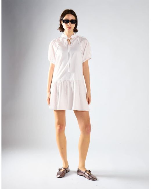 Glamorous White Ruffle Trim Puff Sleeve Tiered Mini Dress