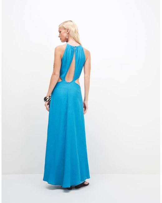 Kaiia Blue Exclusive Cotton Blend Halterneck Cut Out Detail Maxi Dress