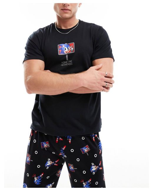 ASOS Blue Sonic Retro Print Pyjama Set for men