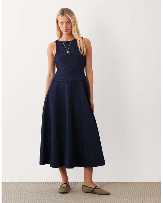 ASOS Blue Denim Circle Hem Midi Dress With Cut Out Detail