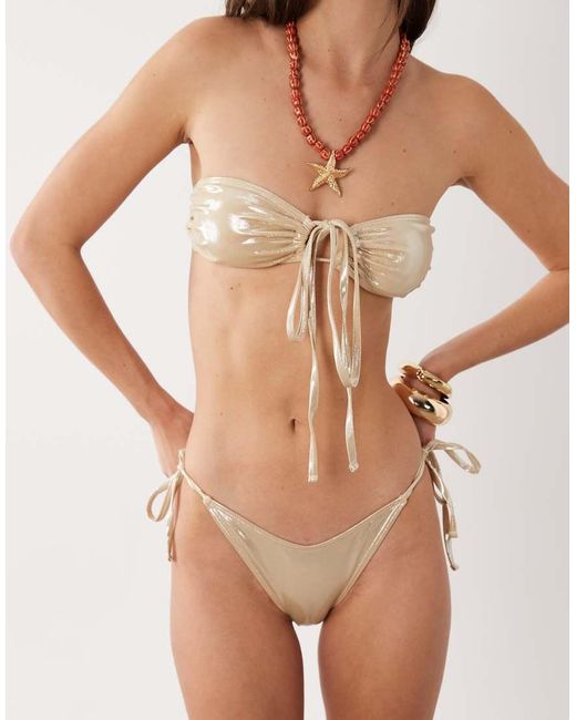 Miss Selfridge Brown Shiny Bandeau Tie Detail Bikini Top