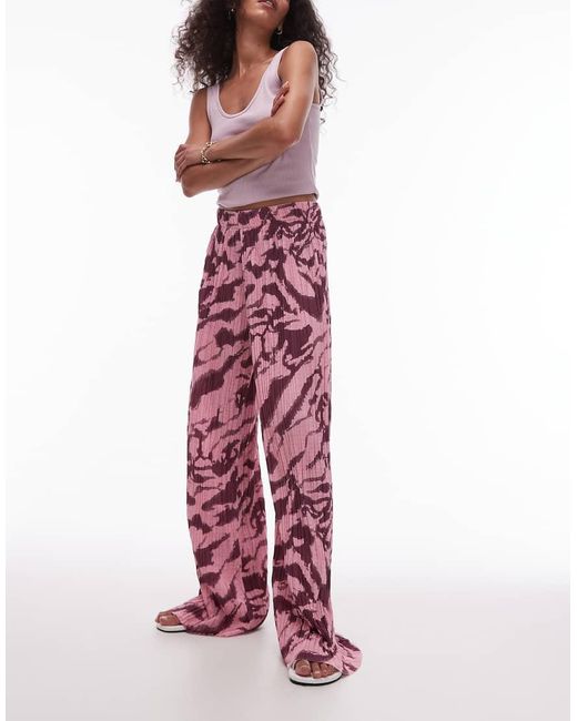 TOPSHOP Purple Crinkle Zebra Print Wide Leg Trousers