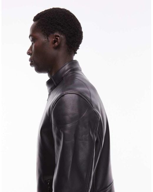 Mango Black Faux Leather Collarless Jacket for men