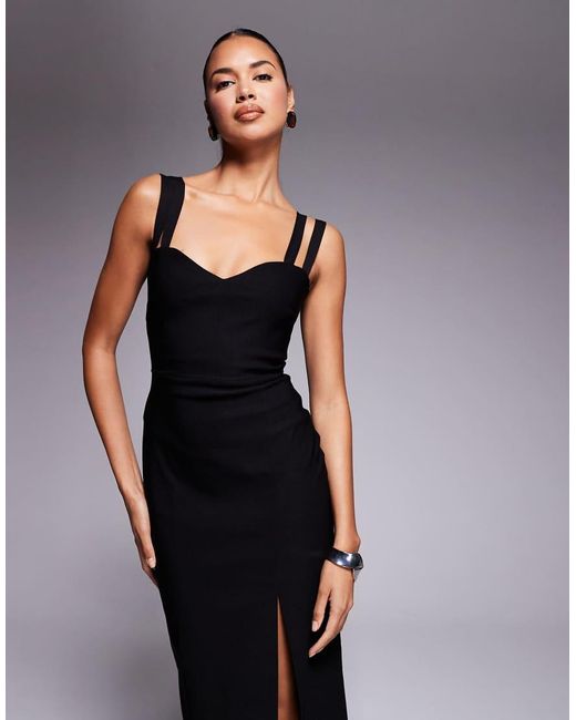 Vesper Black Bengaline Strappy Sweetheart Neck Maxi Dress