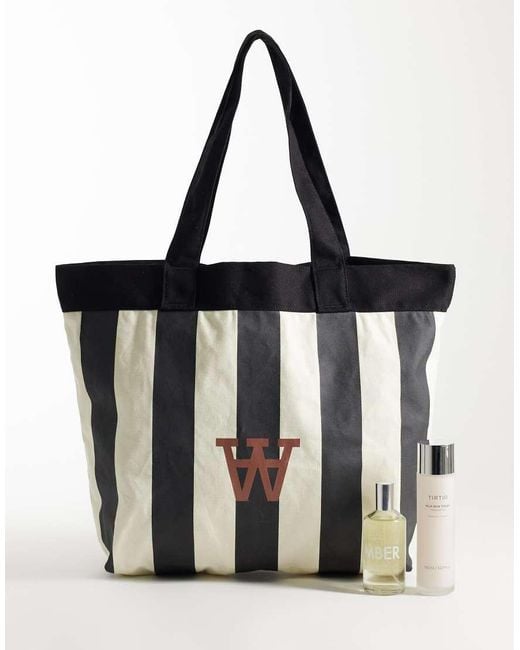 DOUBLE A by WOOD WOOD Black 100% Cotton Conner Stripe Logo Tote Bag for men
