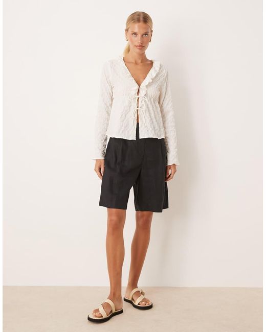 Brave Soul Natural Seersucker Frill Collar Tie Front Blouse