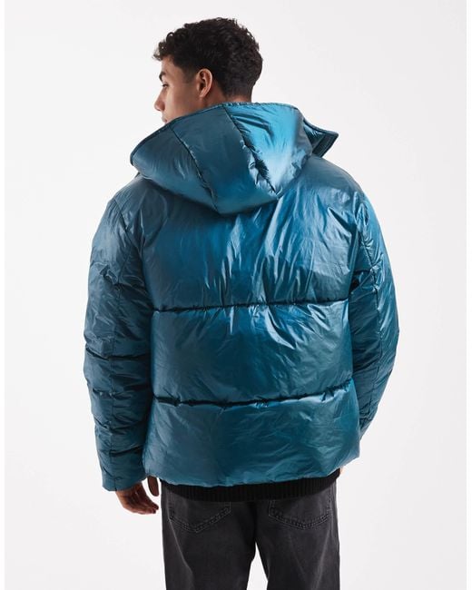 ASOS Blue High Shine Puffer Jacket for men