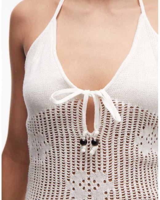 Monki White Floral Crochet Tie Front Beach Mini Dress