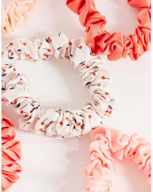 Kitsch Pink Ruched Satin Scrunchies 5pc Set - Cherry Blossom