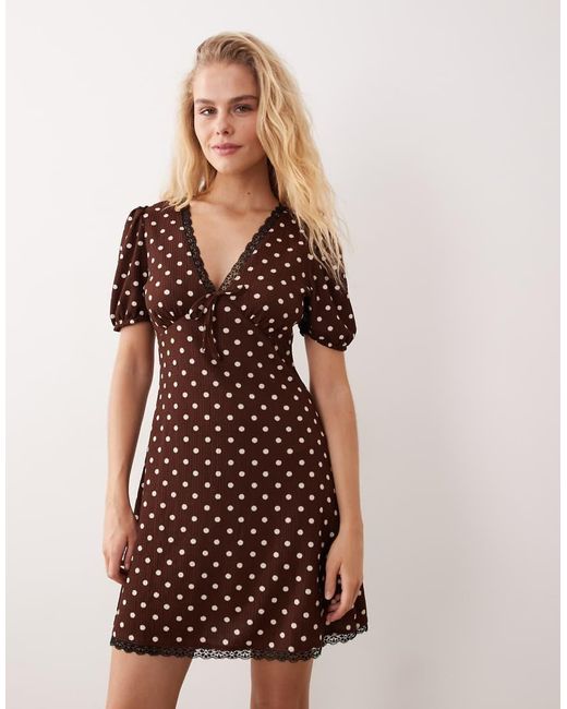 New Look Natural Polka Dot Crinkle Lace Trim Mini Dress