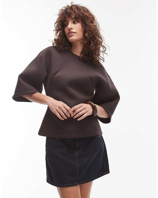 TOPSHOP Brown Structured Short Sleeve Top