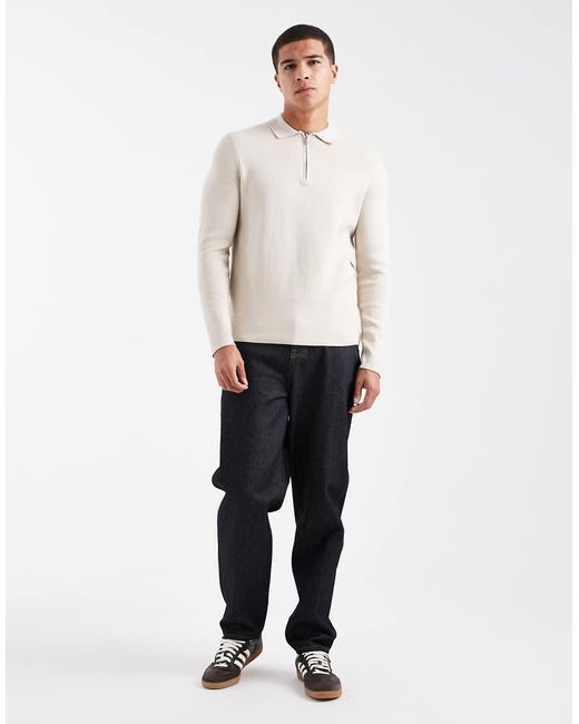 Only & Sons White Knitted Half Zip Polo Top for men