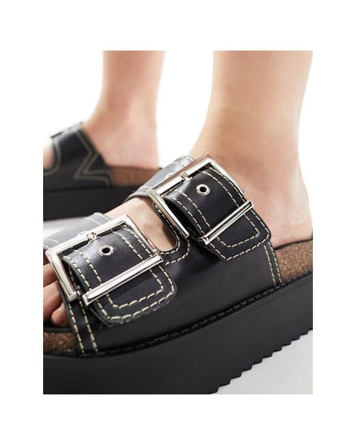 ASOS Black Wide Fit Firecracker Double Strap Footbed Flat Sandals