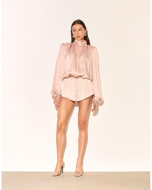 Noughts & Kisses Natural Satin High Neck Extreme Drape Balloon Sleeve Playsuit