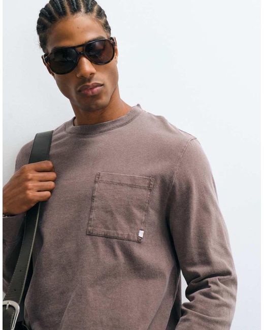 Farah Brown Burt Long Sleeve Garment Dye Pocket Logo T-shirt for men