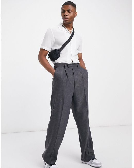 ASOS Gray High Waist Wool Mix Smart Pants With Wide Leg for men