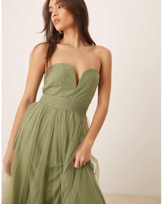 LACE & BEADS Green Corset Tulle Ruffle Hem Midaxi Dress