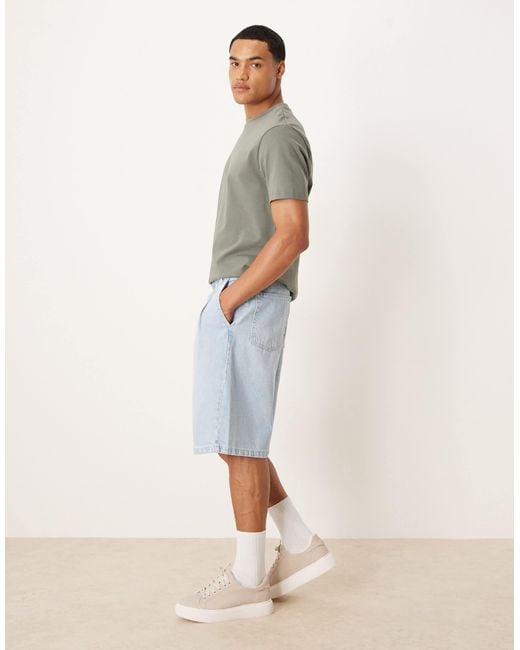 ASOS Natural Long Length Double Pleated Denim Jort for men
