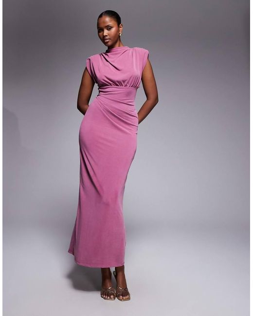 ASOS Pink Modal Sleeveless Shoulder Pad Ruched Midi Dress