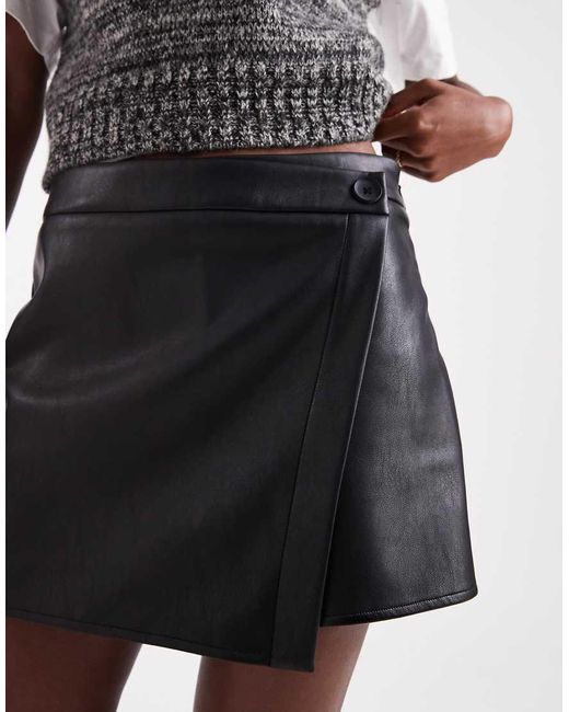 ASOS Black Faux Leather Button Detail Wrap Skort