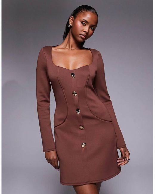 ASOS Brown Tailored Long Sleeve Mini Dress With Gold Detail Buttons