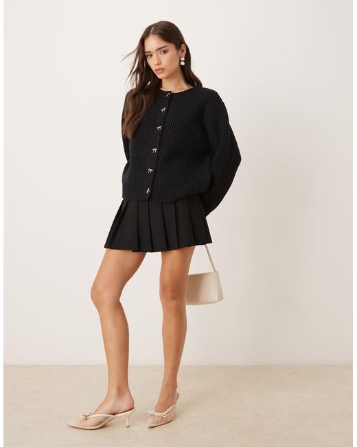 Lovedrobe Black Bow Button Detail Round Neck Cardigan