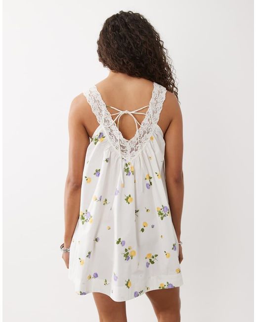 ASOS White V Neck Smock Poplin Mini Sundress With Lace Overlay