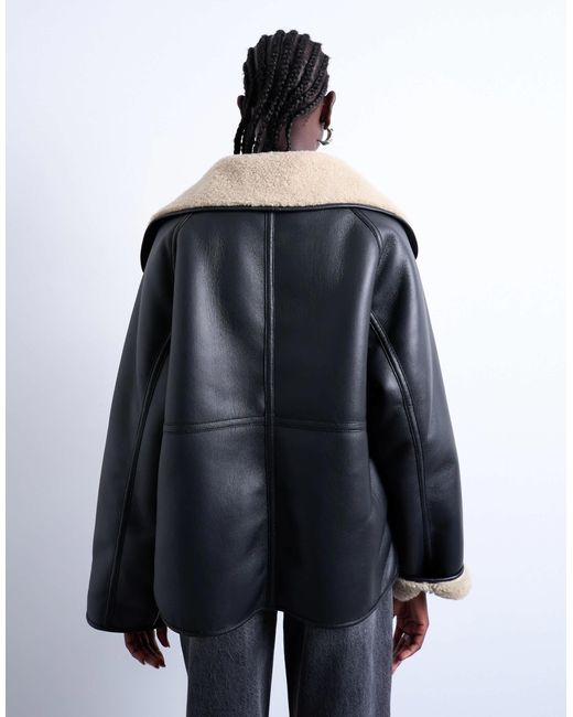 TOPSHOP Black Shearling Oversized Reversible Coat With Button Loop