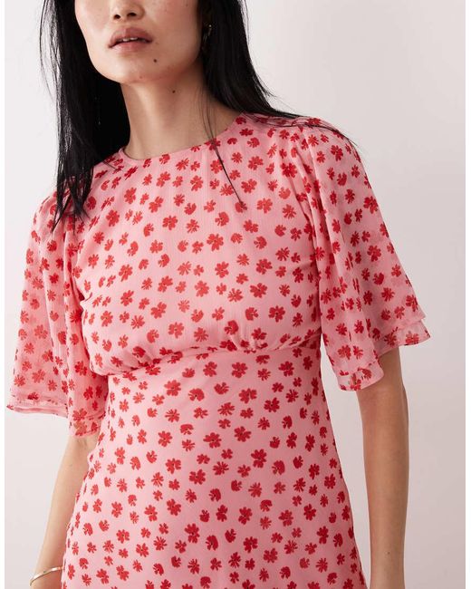 Wednesday's Girl Pink Floral Print High Neck Ruffle Sleeve Maxi Dress