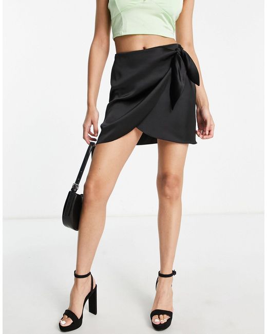 Miss Selfridge Satin Wrap Mini Skirt in Black | Lyst